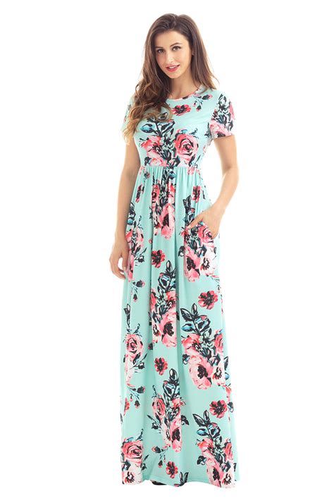 Wholesale Pocket Design Short Sleeve Mint Floral Maxi Dress