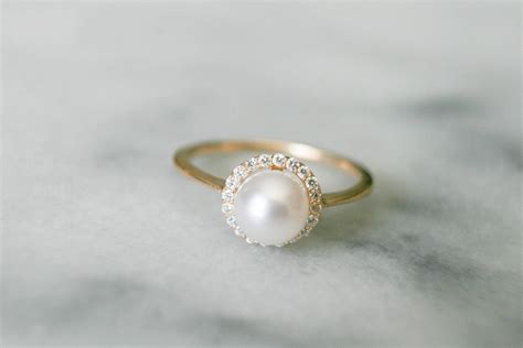 Dainty Diamond Halo Pearl Ring Pearl Engagement Ring Diamond