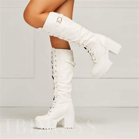 platform round toe lace up front knee high chunky heel women s boots womens chunky heels