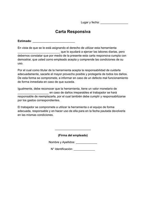Carta Responsiva De Herramienta De Trabajo Ejemplos ️