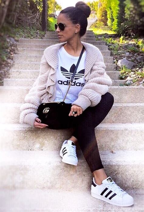 Cute Adidas Outfits For Women White Adidas T Shirt Beige Cardigan