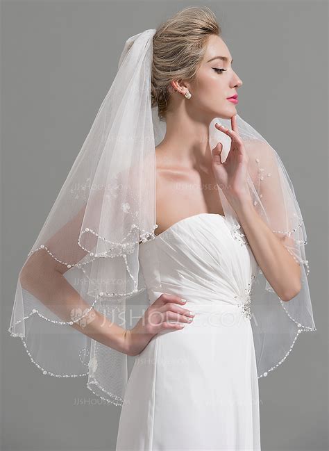 Two Tier Beaded Edge Fingertip Bridal Veils With Beadingfaux Pearl