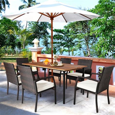 Gymax 7pcs Patio Dining Furniture Set W Wooden Tabletop Cushion