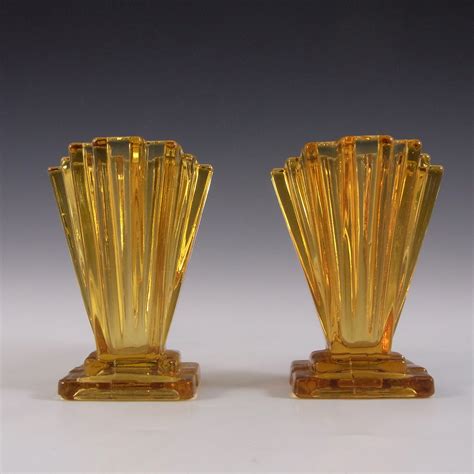 bagley 334 pair of art deco 4 amber glass grantham vases £52 25
