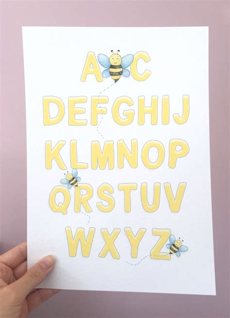 Alphabet Art Print Bumble Bee Print Abc Print Grey And Etsy
