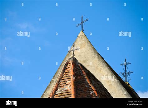 Three Crosses At The Church Roof Stock Photo Alamy