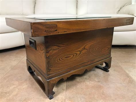 Antique Japanese Wooden Hibachi Coffee Side Table With Drawers