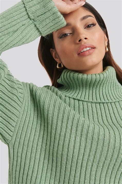 Ribbed Knitted Turtleneck Sweater Green Na Kd