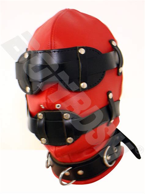 Blindfold Bondage Fetish Mask Red And Black Leather Gimp Hood Etsy