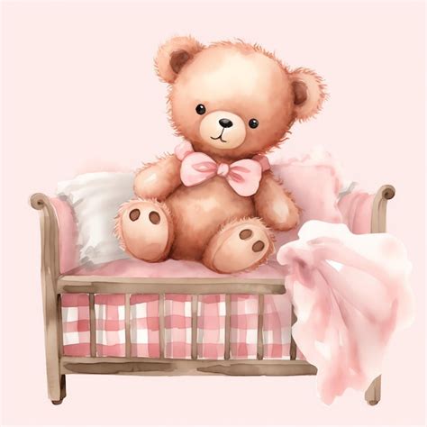 Premium Ai Image Cute Watercolor Baby Teddy Bear In Bed Illustration