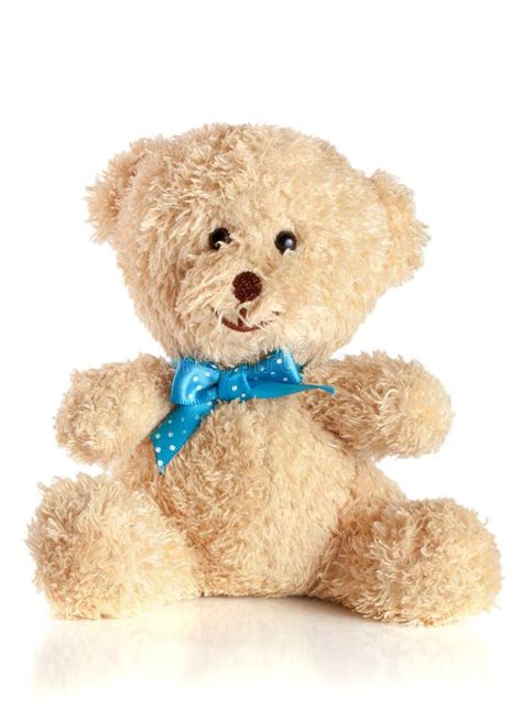Toy Teddy Bear With Blue Bow Isolated On White Background Stock Image