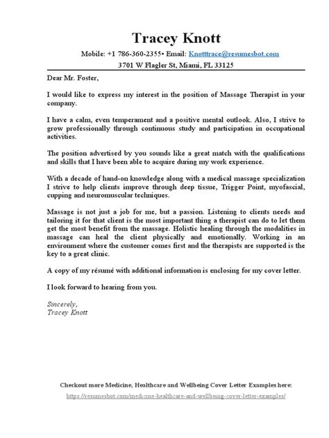 Massage Therapist Cover Letter Example Pdf