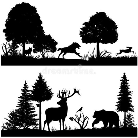 Vector logo for deer hunt. Wild Animals Silhouettes In Green Fir Forest Vector ...