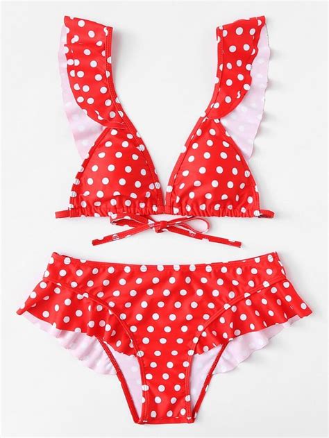 Polka Dot Ruffle Trim Bikini Set Shein Sheinside Bikinis Swimsuits Outfits Trendy Swimsuits