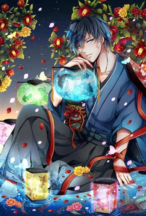 Anime Anime Guy Kimono Blue Hair Flowers Anime
