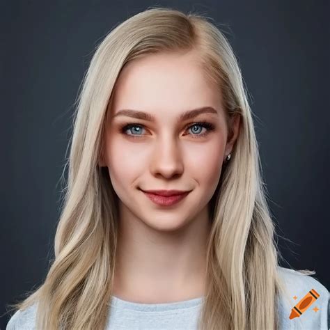 realistic portrait of a friendly smiling girl with light eyes and blonde hair on craiyon
