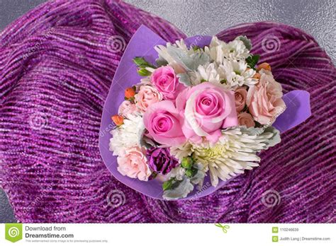 Miniature Rose Bouquet On Purple Shiny Fabric Stock Image Image Of