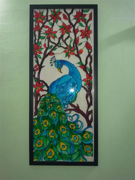A Glass Painting Of A Peacock Using Fevicryl Hobby Ideas Acrylic Glass Paints Glass Painting