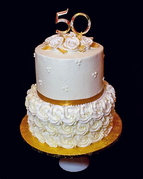 50th Wedding Anniversary Cake Gold White Ivory Pearls Sugar Roses