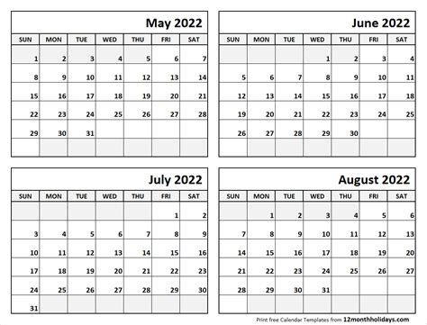 Print May To August 2022 Calendar Template 4 Month Calendar