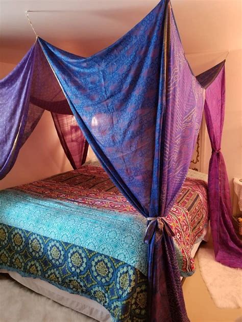 Bed Canopy Curtains Hippiewild Boho Curtains Bohemian Blue Etsy