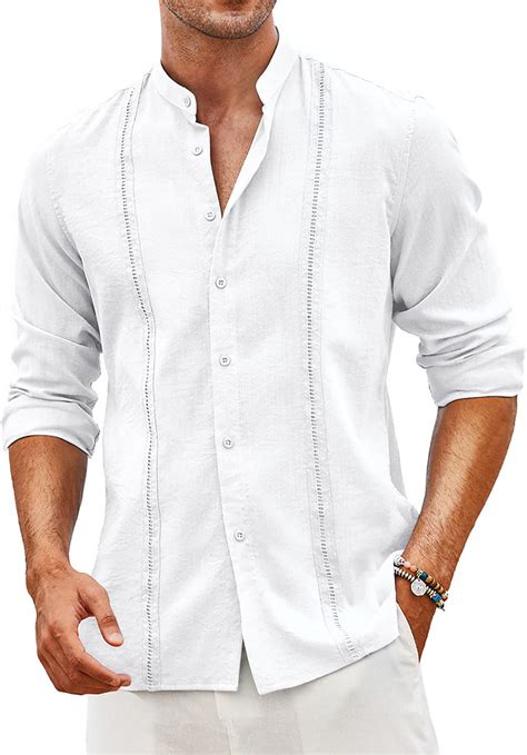 Coofandy Mens Cuban Guayabera Shirts Linen Casual Long Sleeve Button Down Shirt Band Collar