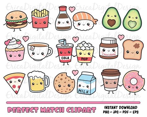 Perfect Match Kawaii Clipart Set Cute Food Clip Art Friendship Best