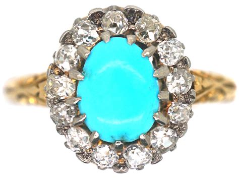 Edwardian 18ct Gold Turquoise Diamond Cluster Ring 411P The