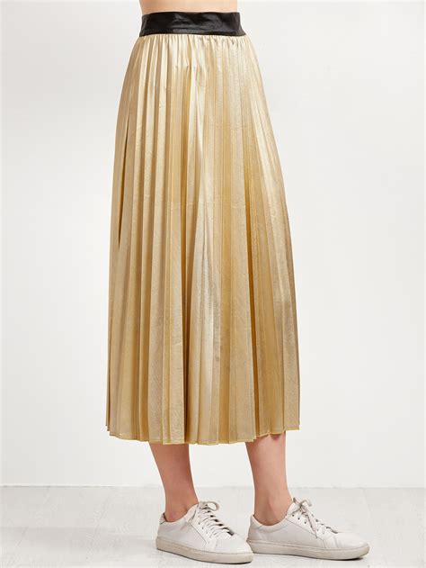Metallic Golden Contrast Waist Pleated Skirt Sheinsheinside
