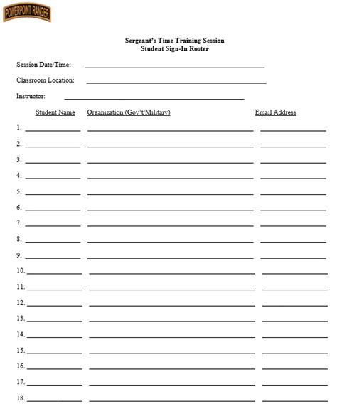 Sergeants Time Training Signin Roster 5 Printable Samples
