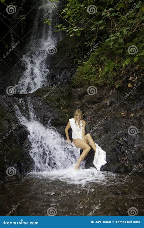 Blond Woman In A Waterfall Stock Photo Image Of Stream 34910468