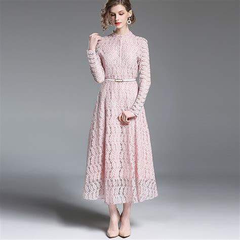 Elegant Lace Maxi Dress Long Sleeve Long Dress Women Summer 2018 Pink