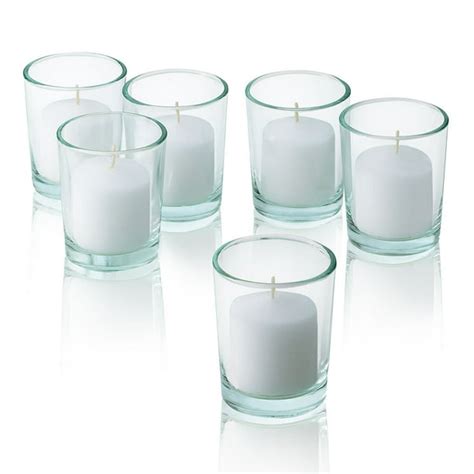 Clear Glass Round Votive Candle Holders With White Votive Candles Burn 10 Hours Set Of 12