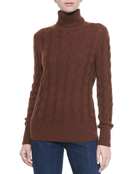 Loro Piana Cashmere Cable Knit Turtleneck Sweater In Brown Lyst