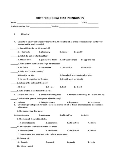 1st Periodical Exam For Grade 5 English Pdf