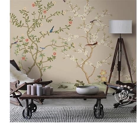 Hand Painted Cherry Tree Chinoiserie Wallpaper Wall Mural Etsy Canada