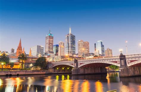 Stunning Night Skyline Of Melbourne With River Reflections Stock Photo