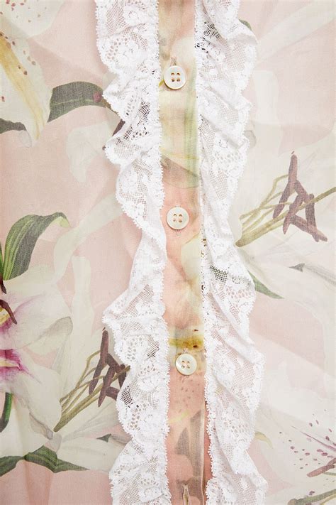 Blush Pussy Bow Lace Trimmed Floral Print Silk Blend Organza Shirt