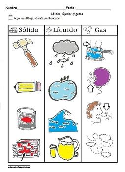 Solido Liquido y Gas Spanish Sorting Worksheet Science C-scope common core