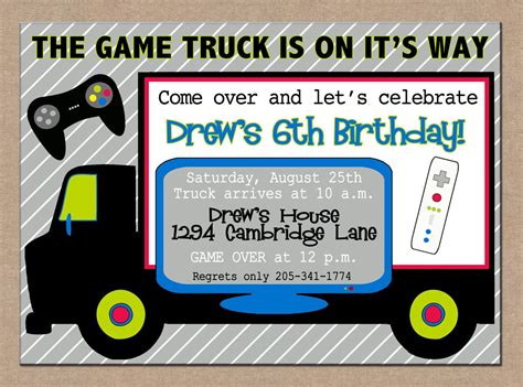 Video Game Truck Birthday Party Invitations Gaming Party Invitation