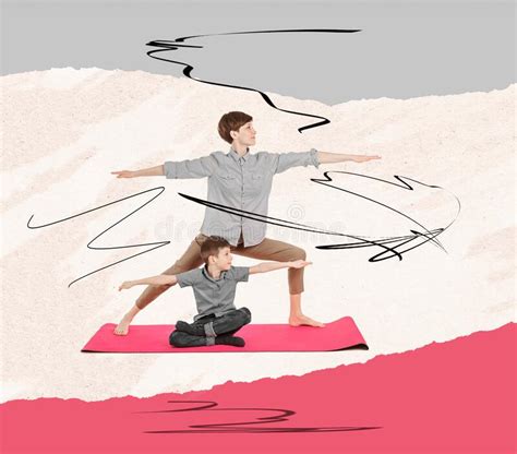 Contemporary Art Collage Or Design About Mother And Son Doing Yoga Or Sports Exercises Fit