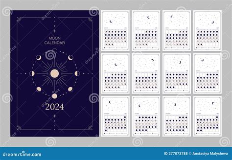 Moon Calendar For 2024 Year Lunar Cycles Planner Template Stock Vector