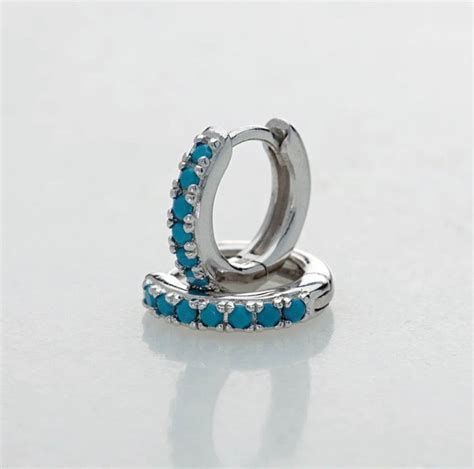 925 Sterling Silver Filled Blue Turquoise Huggie Hoop Earrings Etsy