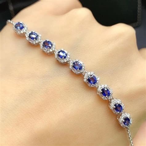 Natural Blue Sapphire Bracelet Sterling Silver With K White Etsy