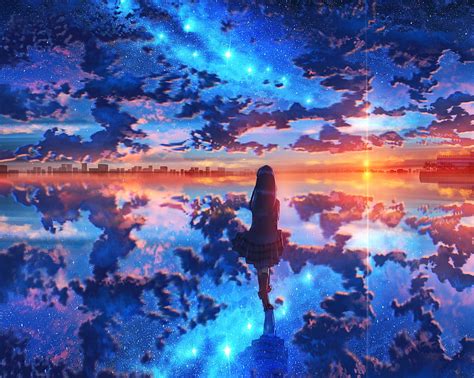 Anime Original Girl Sky Starry Sky Sunset Whale Hd Wallpaper