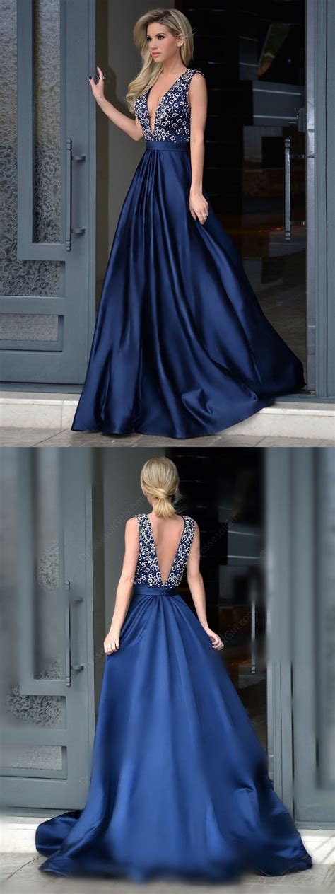 Glamorous A Line Deep V Neck Sweep Train Royal Blue Long Prom Dress