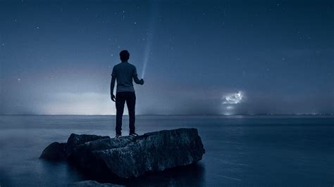 Download Wallpaper 1920x1080 Starry Sky Loneliness Lake Man Mississauga Canada Full Hd