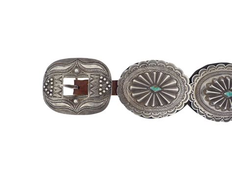 Navajo Stamped Silver Concho Belt With Eight Conchas And Turquoise