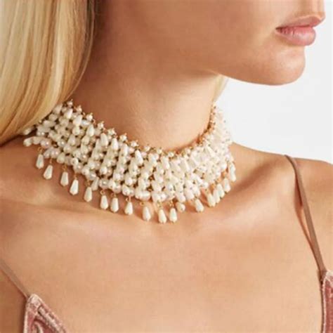 Black White Pearl Necklace Large Statement Chokers For Women Vintage