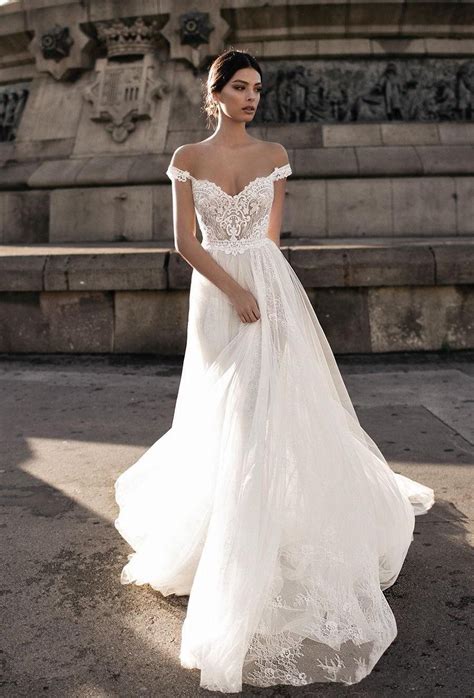 Sheer Bohemian A Line Wedding Dress Off Shoulder Lace Illusion Tulle